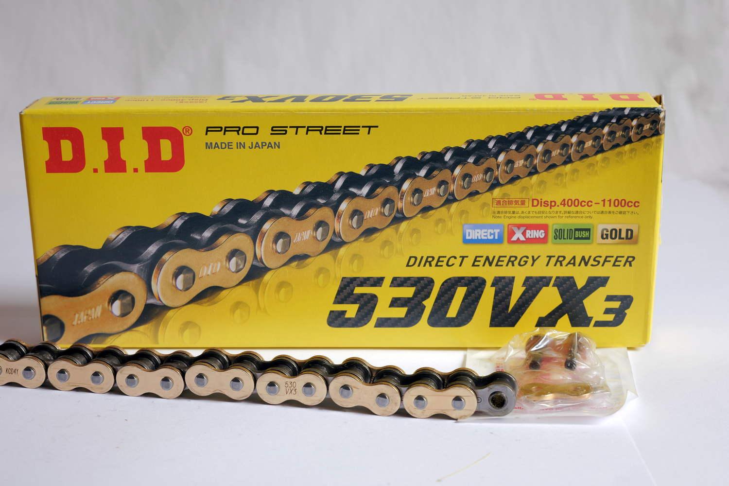 DID VX3 530 X-Ring Motorradkette verstärkt Gold 118 Glieder offen + Nietschloss