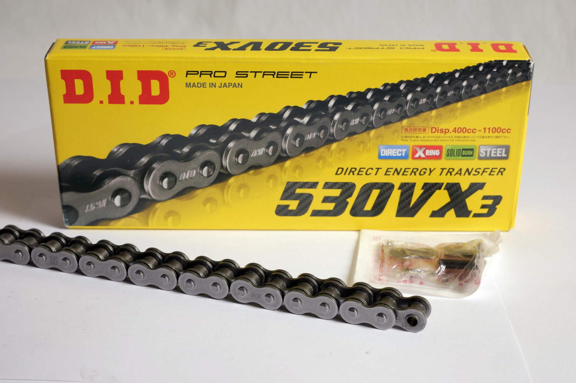 DID VX3 530 X-Ring Motorradkette verstärkt Stahl 104 Glieder offen + Nietschloss